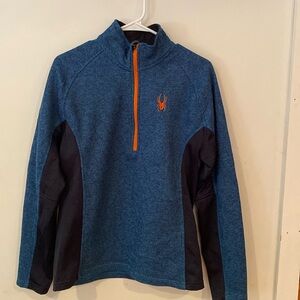 Spyder Men/Unisex Blue + Orange/Black Knit Fleece Outdoor 1/4Zip Pullover ECU